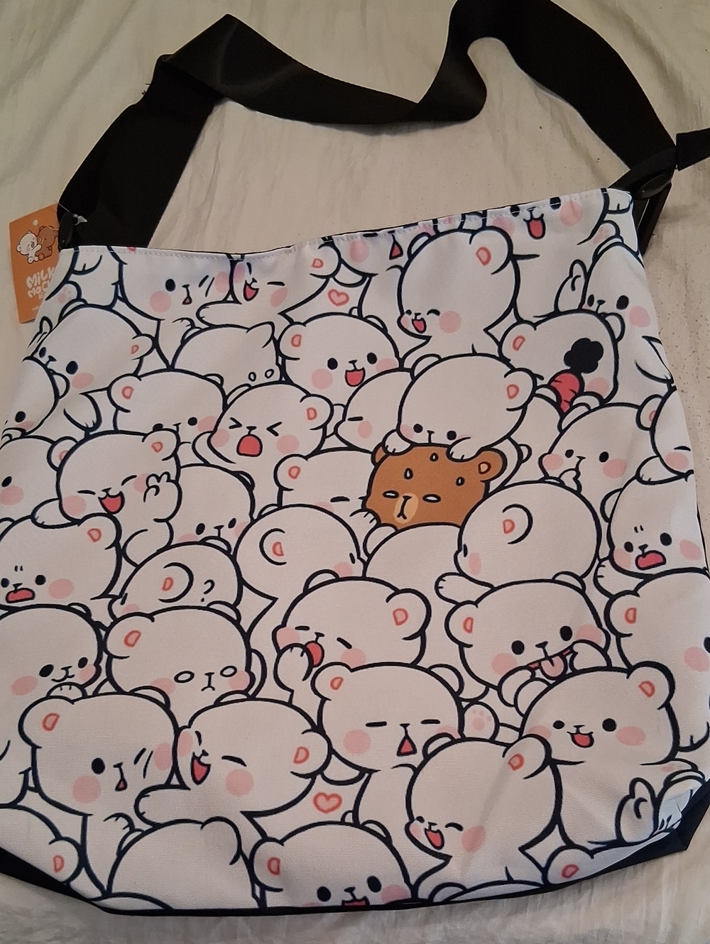 Cute Bear Print Crossbody Tote Bag - White/Pink